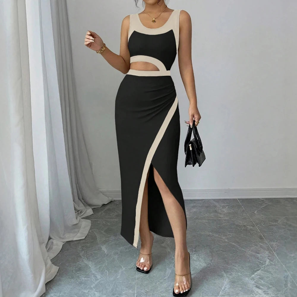Cut-Out Bodycon Maxi Dress – Black & Beige, Sleeveless, Thigh-High Slit