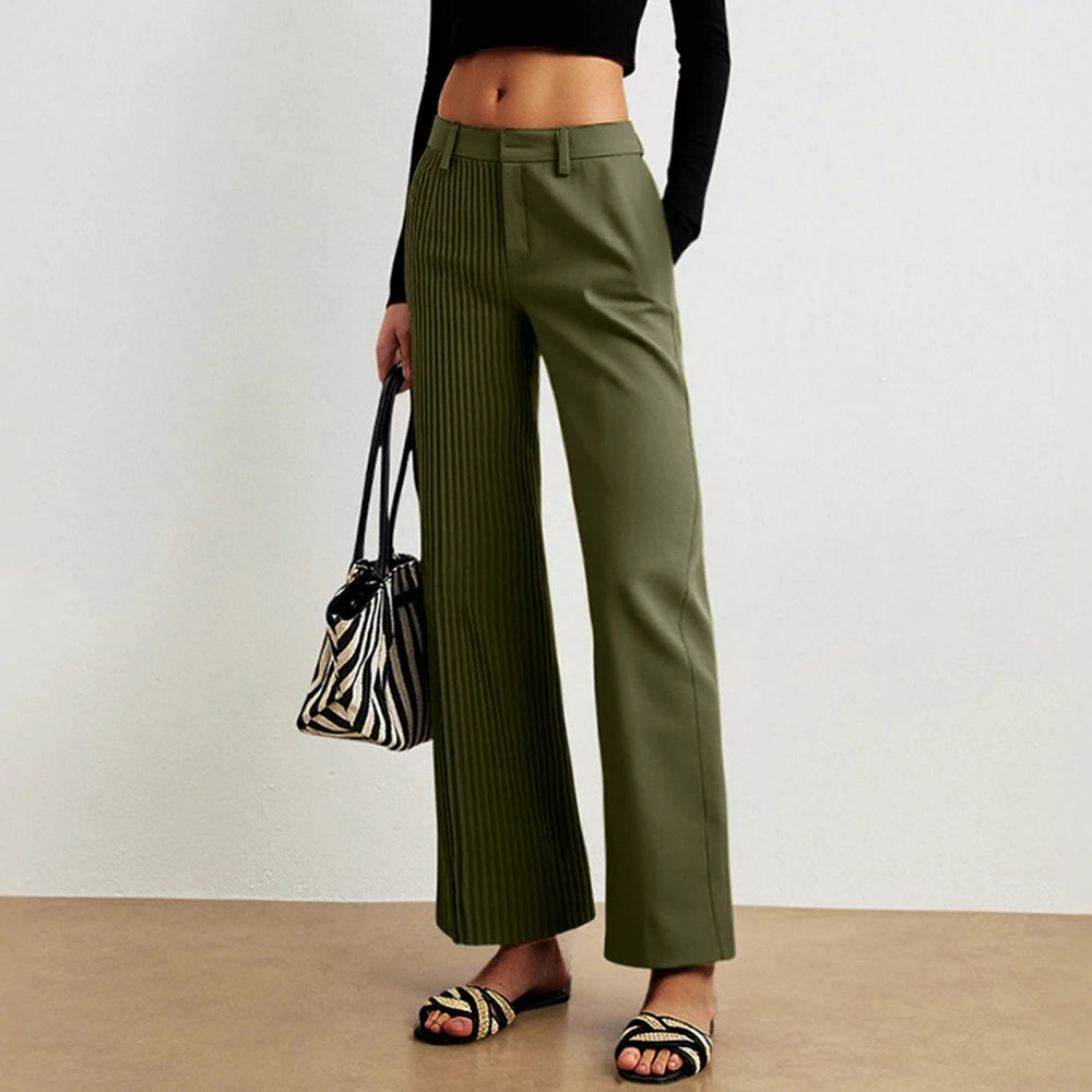 High-Waist Pleated Wide-Leg Trousers – Olive Green, Smart Casual