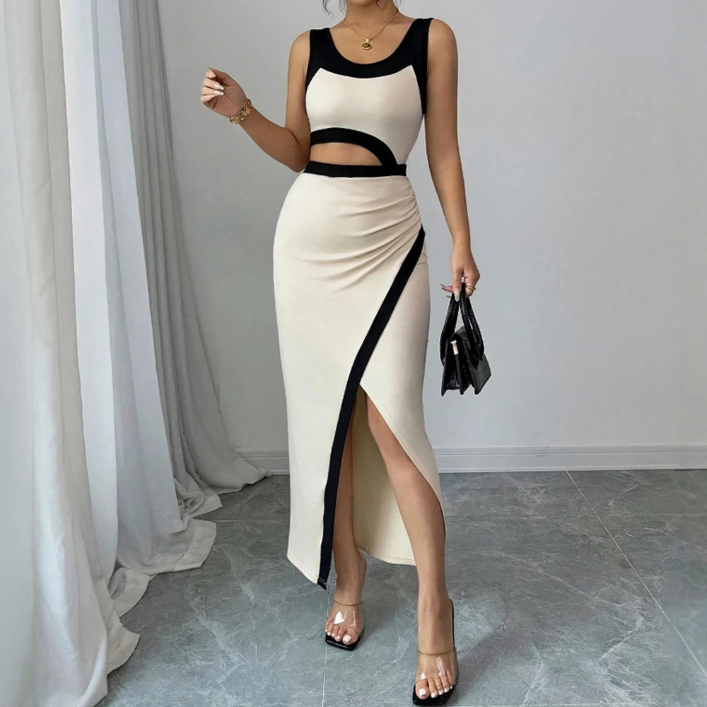 Cut-Out Bodycon Maxi Dress – Black & Beige, Sleeveless, Thigh-High Slit