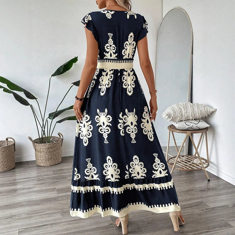 Boho V-Neck Maxi Dress – Short Sleeve, Printed Summer Dress