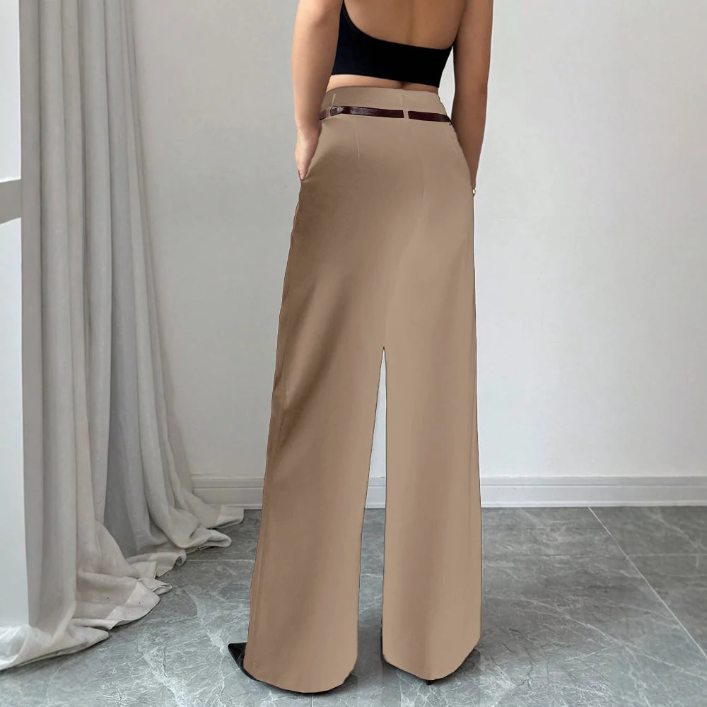 High-Waist Wide-Leg Tailored Trousers – Belted, Smart Casual Pants