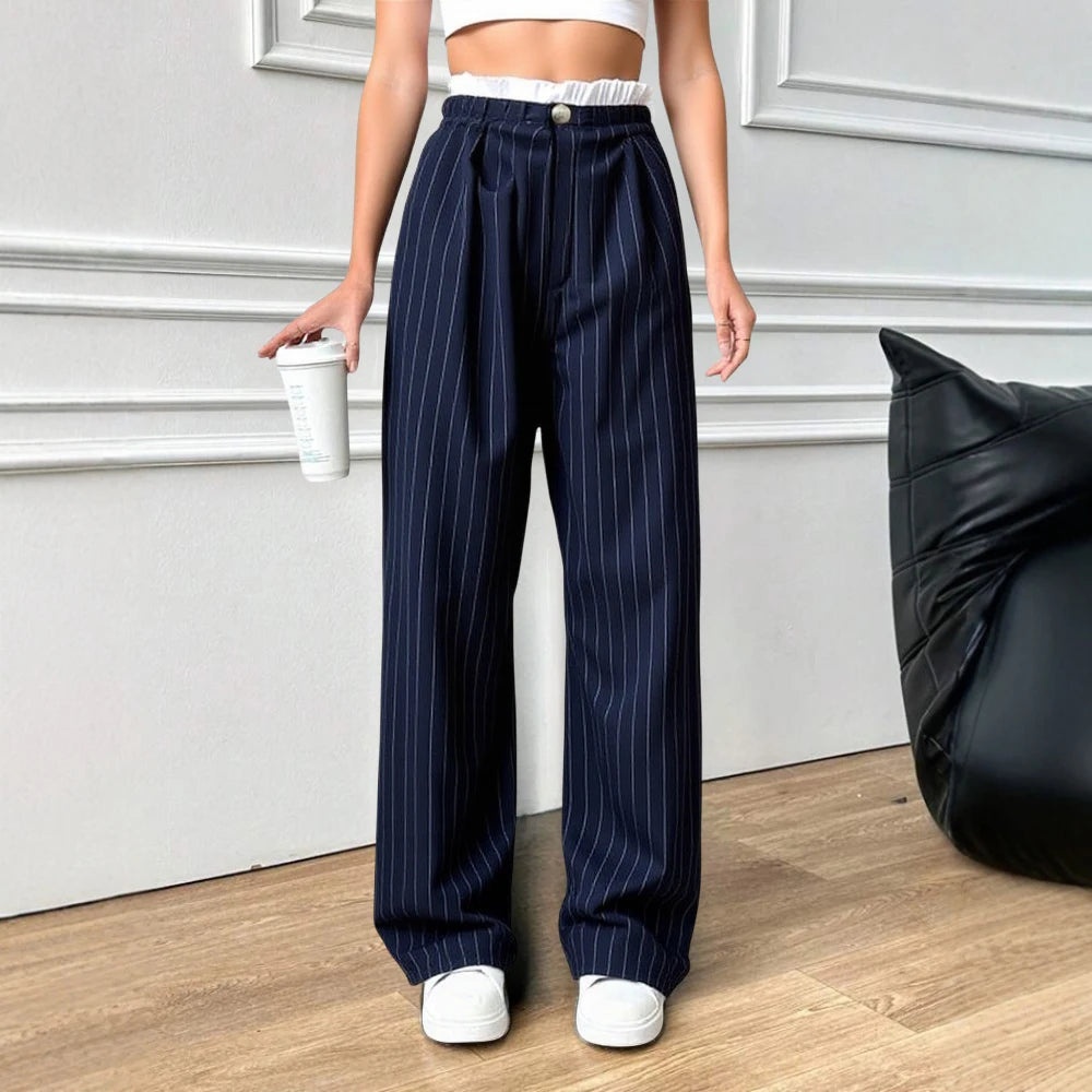 Pinstripe Wide-Leg Pants – Navy, Elastic Waist Drawstring Trousers