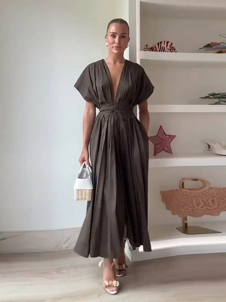 Deep V-Neck Short Sleeve Belted Midi Dress