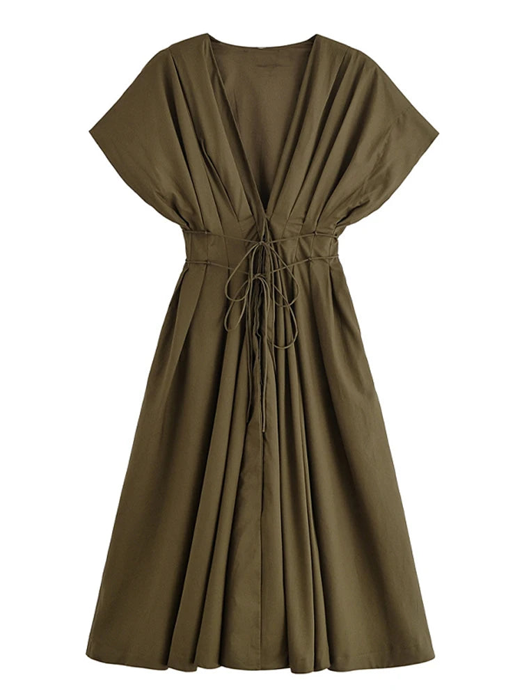 Deep V-Neck Short Sleeve Belted Midi Dress