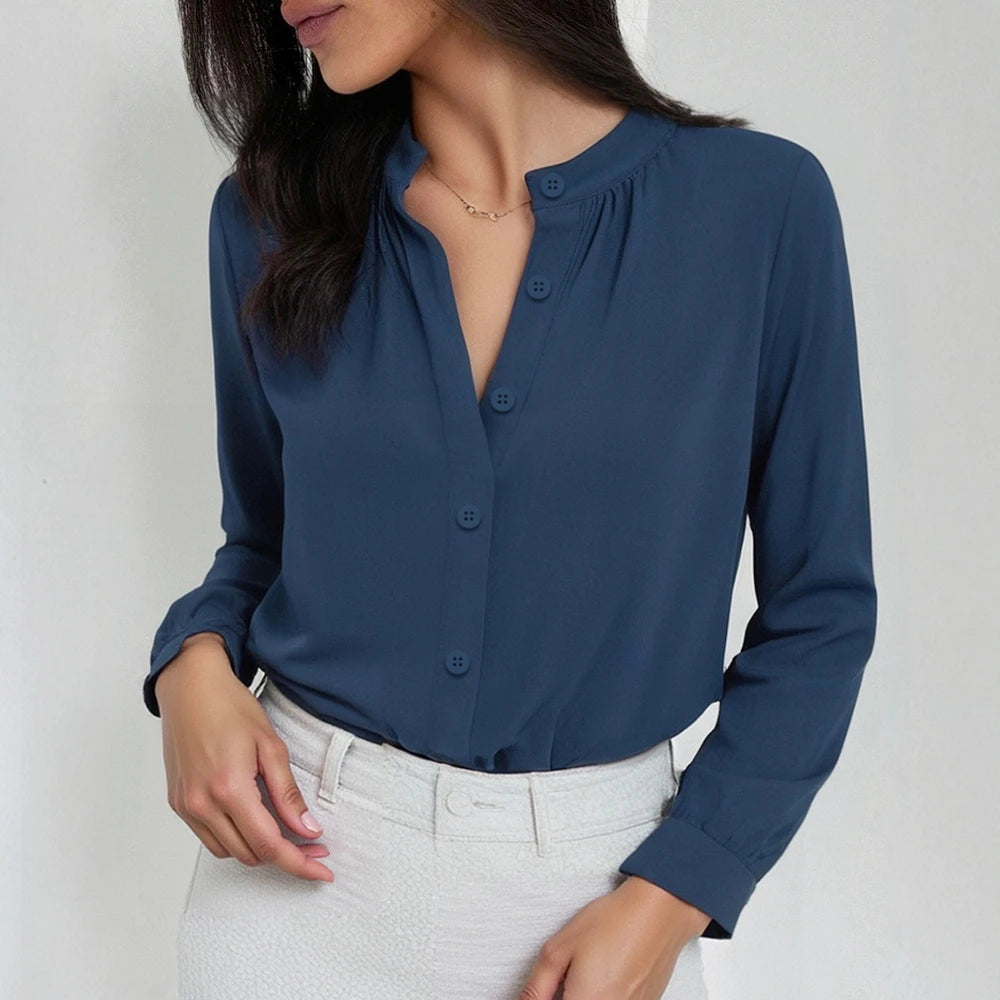 Long Sleeve Button-Front Blouse – Navy Blue, Band Collar Smart Casual Shirt
