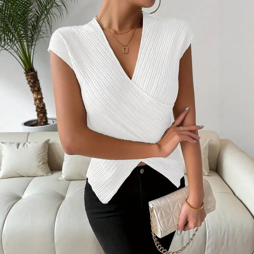 Ribbed V-Neck Wrap Blouse – Sleeveless Knit Top