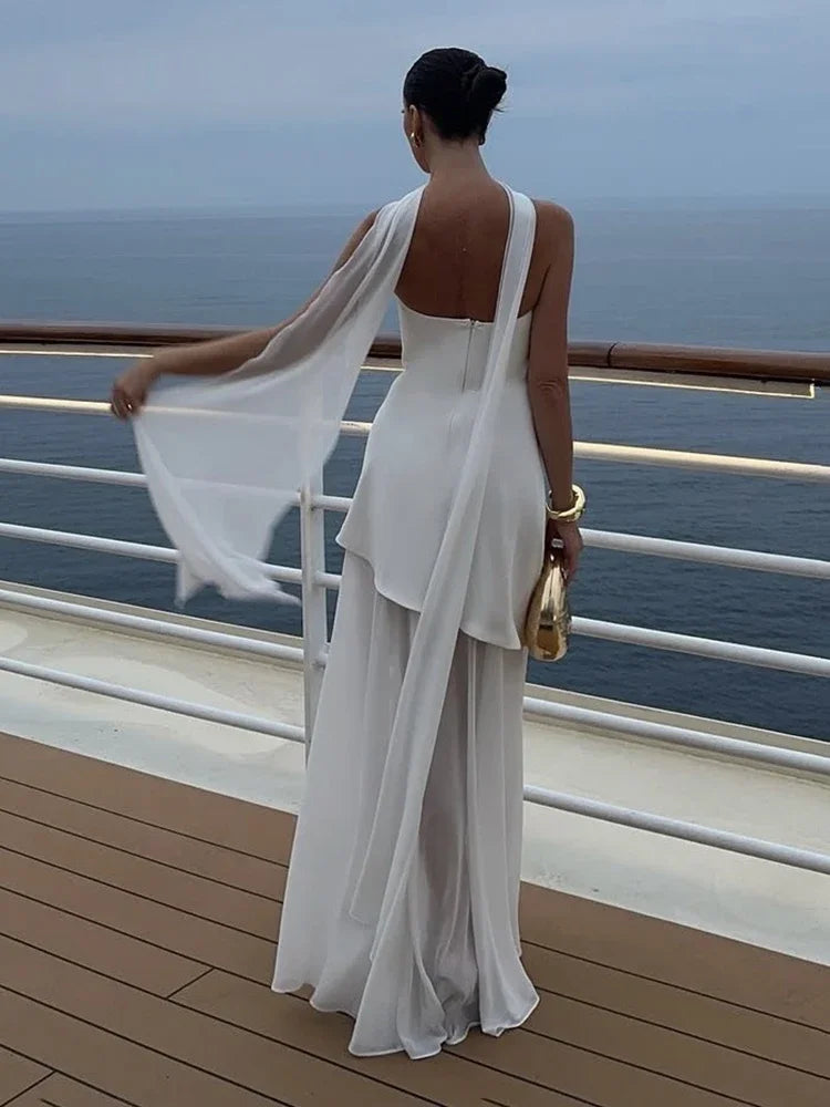 Strapless Flowy Maxi Dress – High Slit, Open Back, Elegant Evening Dress