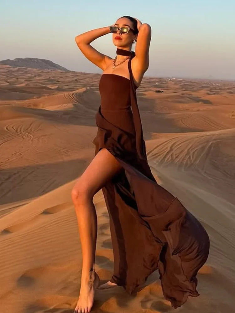 Strapless Flowy Maxi Dress – High Slit, Open Back, Elegant Evening Dress
