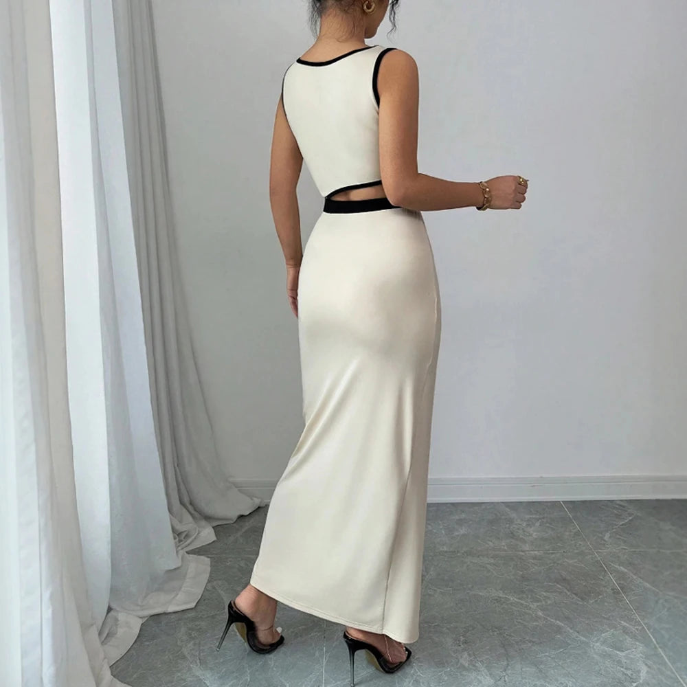Cut-Out Bodycon Maxi Dress – Black & Beige, Sleeveless, Thigh-High Slit
