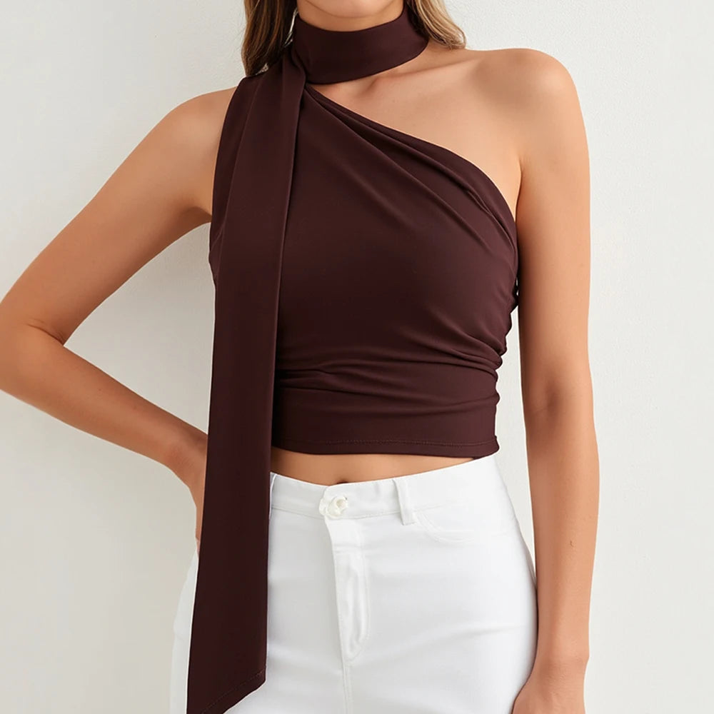 One-Shoulder Crop Top – Asymmetric Scarf Neck Detail, Sleeveless Brown