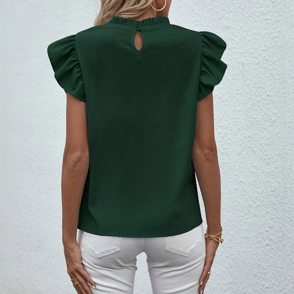 Ruffle Sleeve Blouse – Dark Green, Crew Neck, Casual Chic Top