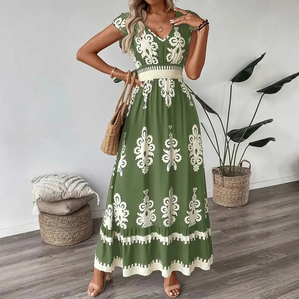 Boho V-Neck Maxi Dress – Short Sleeve, Printed Summer Dress