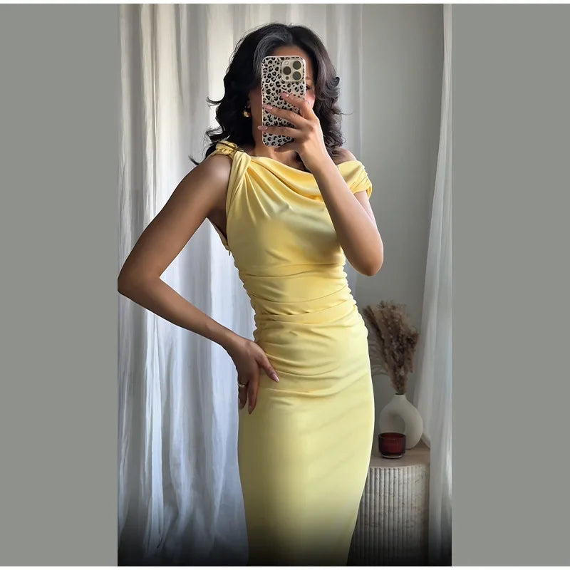 Yellow One-Shoulder Bodycon Midi Dress – Ruched Waist, Elegant Evening Look
