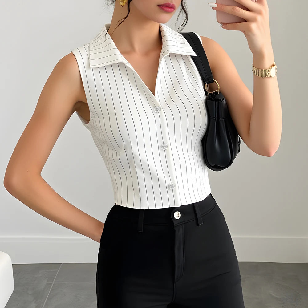 Sleeveless Pinstripe Tailored Vest – White Button Front Waistcoat