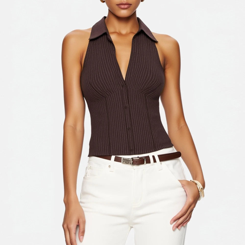Pinstripe Ribbed Knit Halter Top – Brown V-Neck Collared Sleeveless