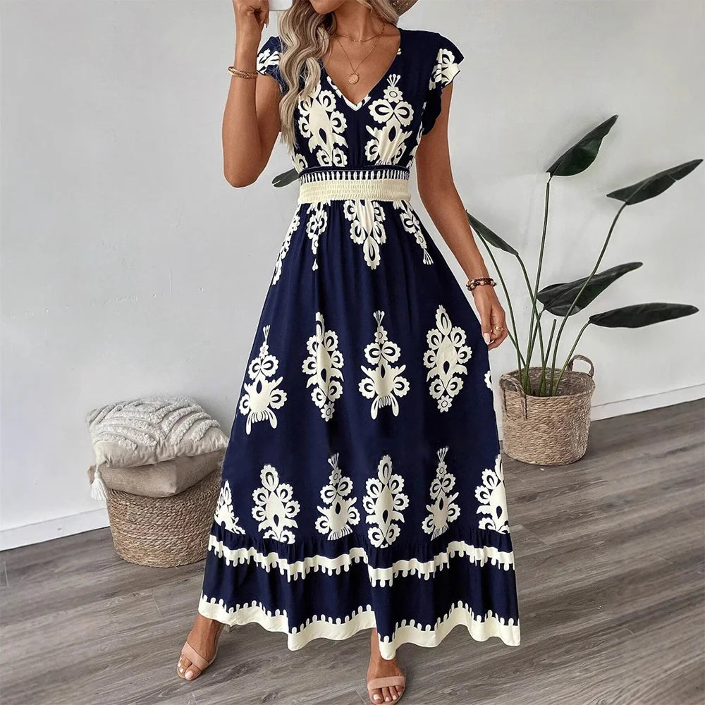 Boho V-Neck Maxi Dress – Short Sleeve, Printed Summer Dress