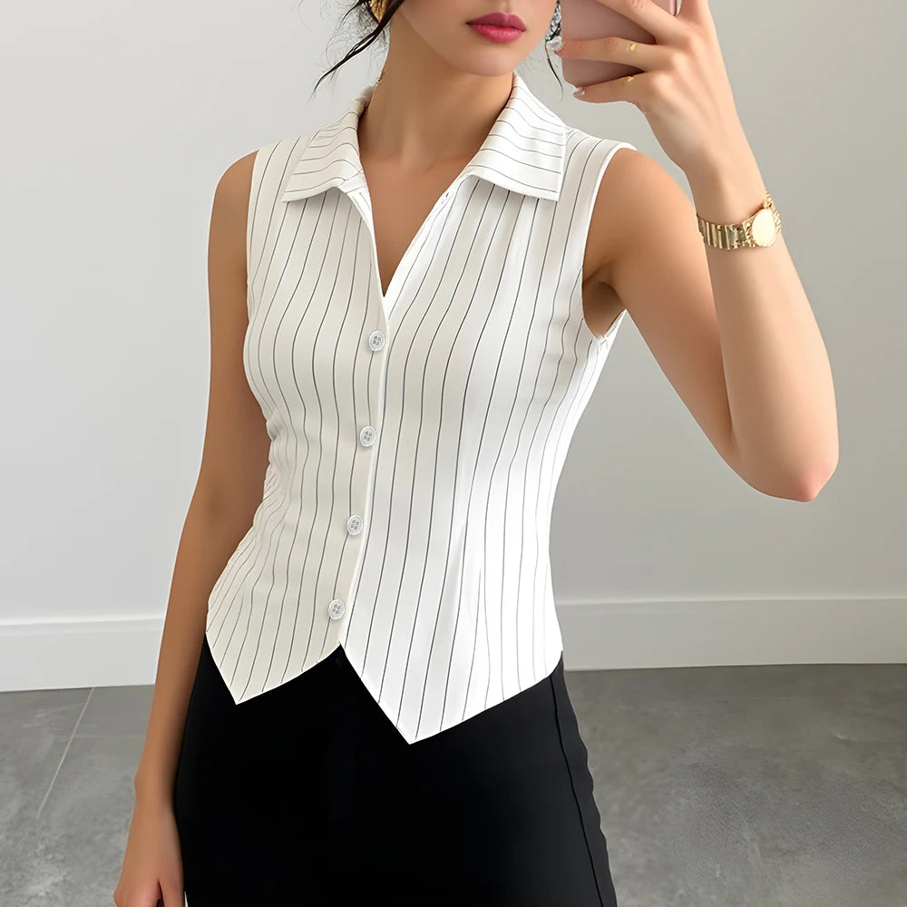 Sleeveless Pinstripe Tailored Vest – White Button Front Waistcoat