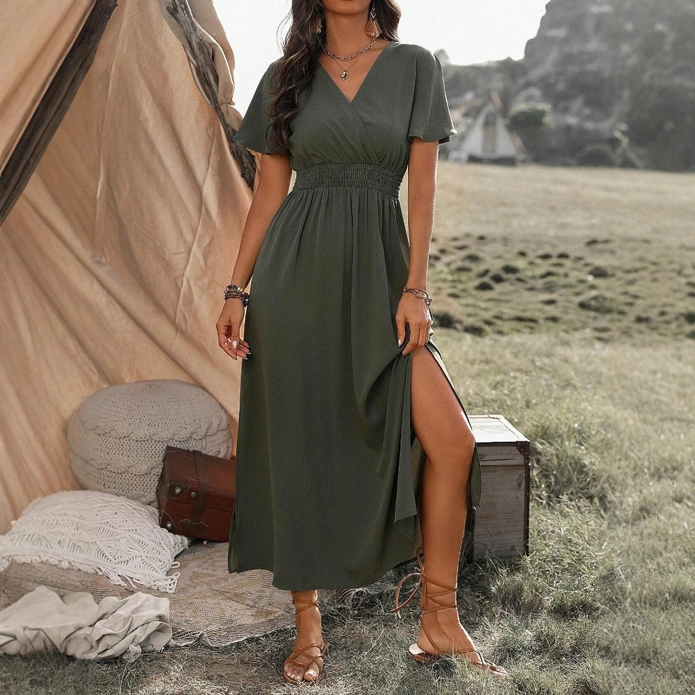 Boho V-Neck Maxi Dress – Short Sleeve, Flowy Fit, Casual Summer Style
