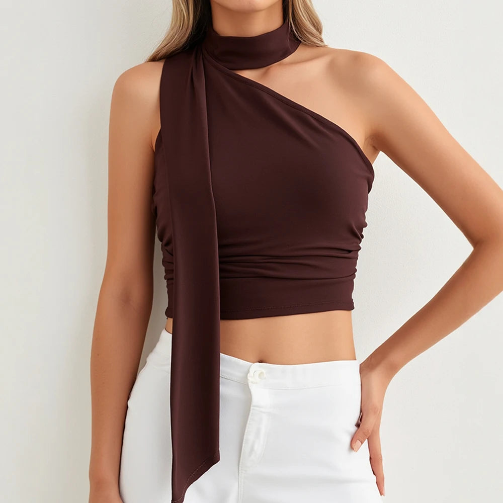 One-Shoulder Crop Top – Asymmetric Scarf Neck Detail, Sleeveless Brown