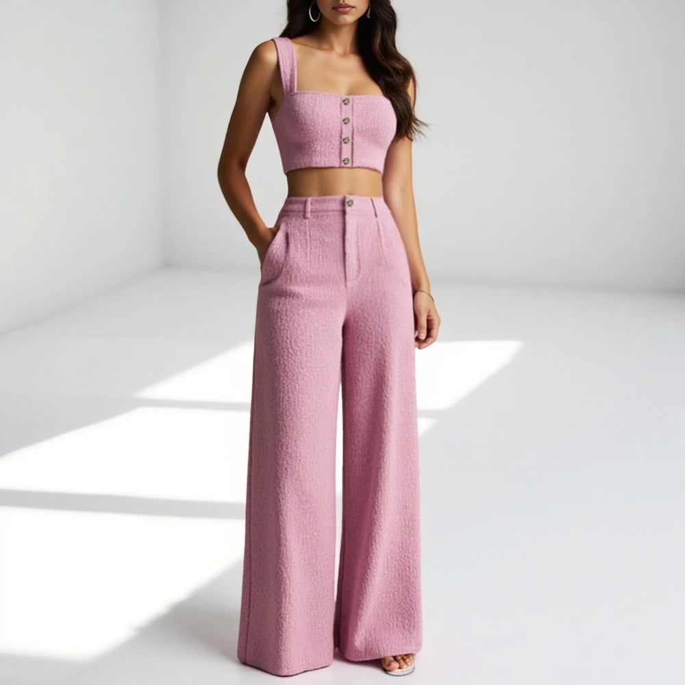 Pink Wide-Leg Pants & Crop Top Two-Piece Set
