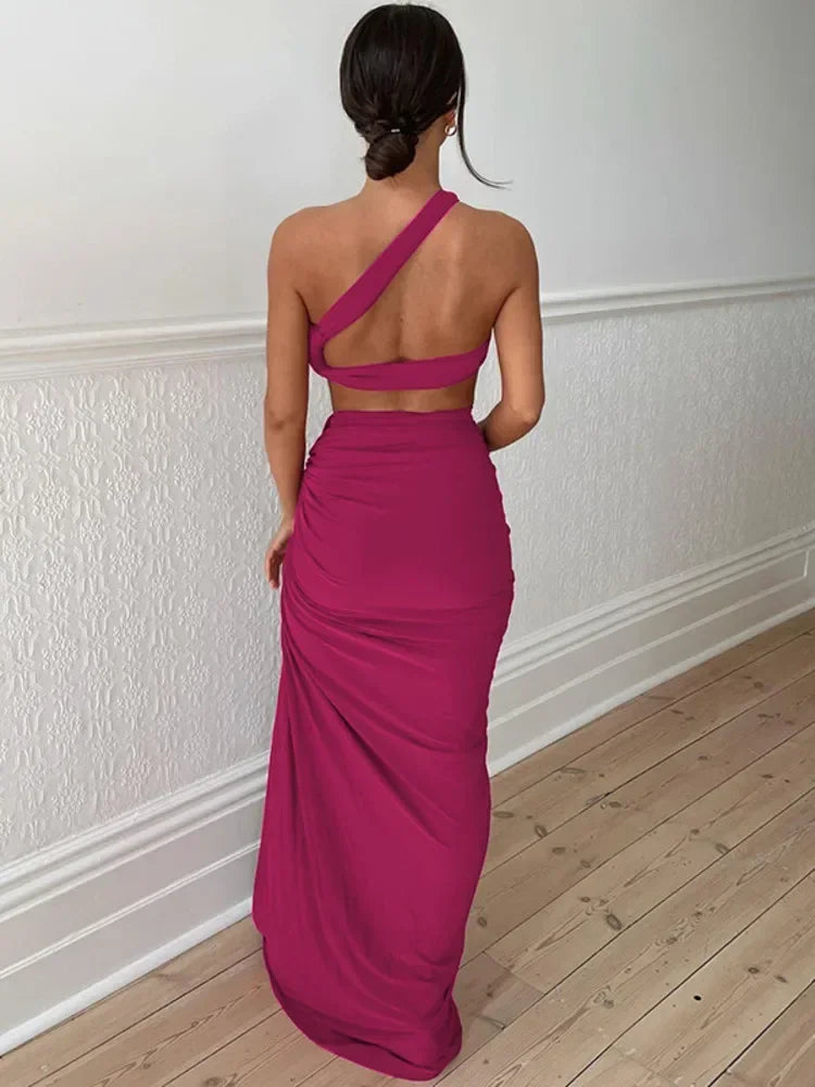 2-Piece Asymmetric Crop Top & Ruched Slit Skirt Set