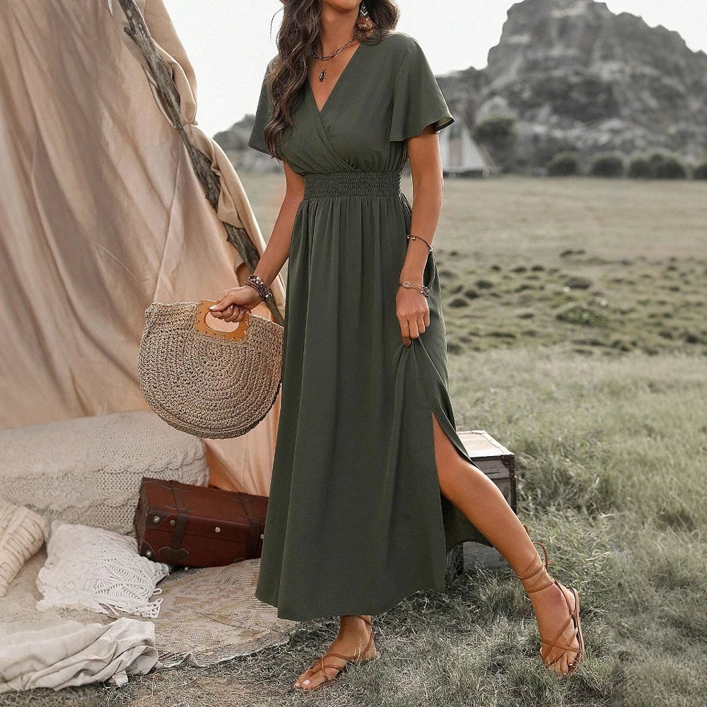 Boho V-Neck Maxi Dress – Short Sleeve, Flowy Fit, Casual Summer Style
