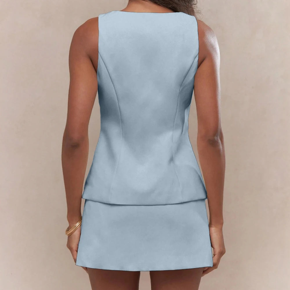 Button-Front Sleeveless Mini Dress – Square Neck, Asymmetric Wrap Skirt