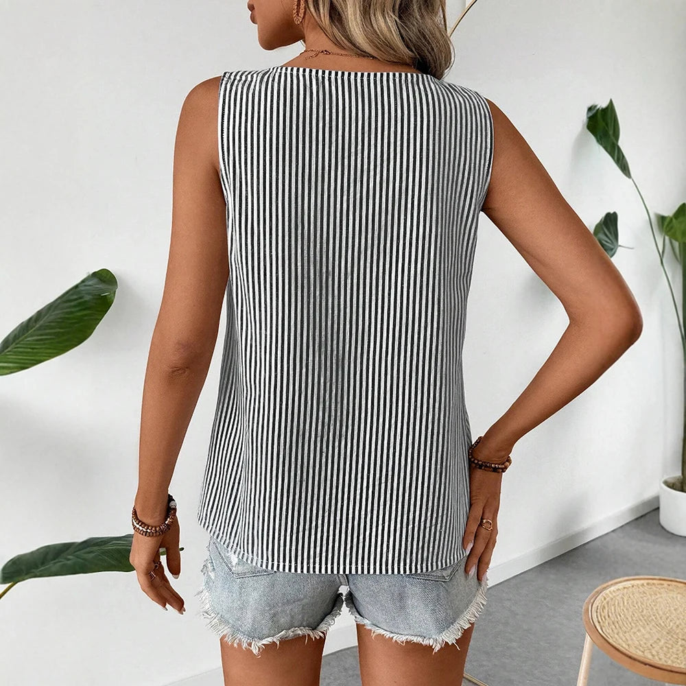 Striped Sleeveless Tank Top – Button Detail Casual Summer Blouse