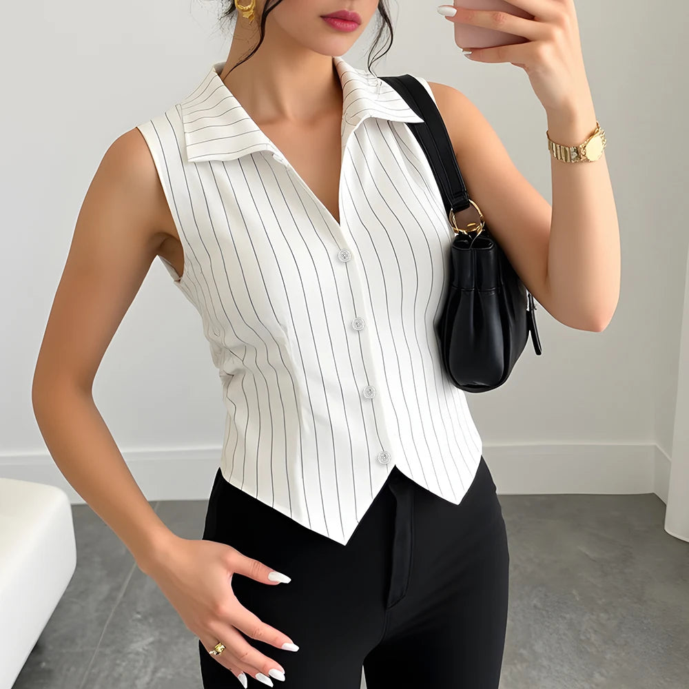 Sleeveless Pinstripe Tailored Vest – White Button Front Waistcoat