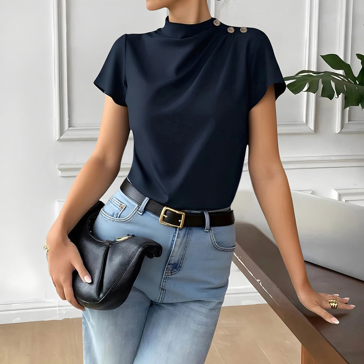 Mock Neck Button Shoulder Top – Navy Blue, Short Sleeve Casual Blouse