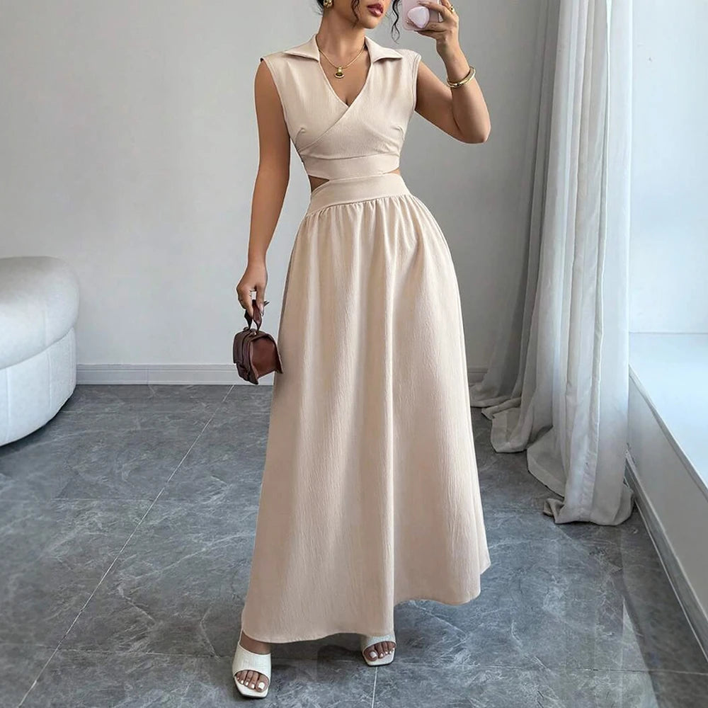 Sleeveless V-Neck Pleated Maxi Dress