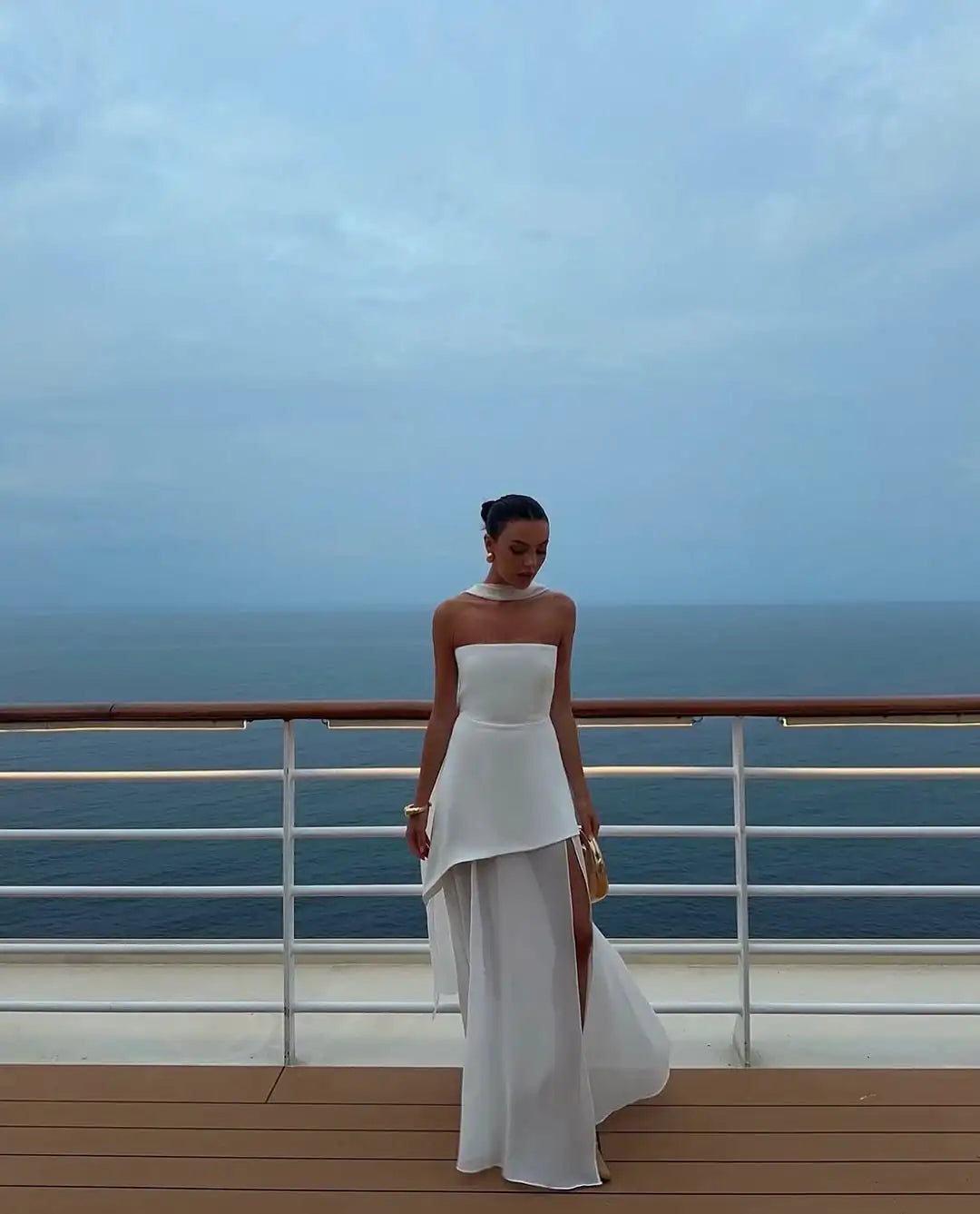Strapless Flowy Maxi Dress – High Slit, Open Back, Elegant Evening Dress