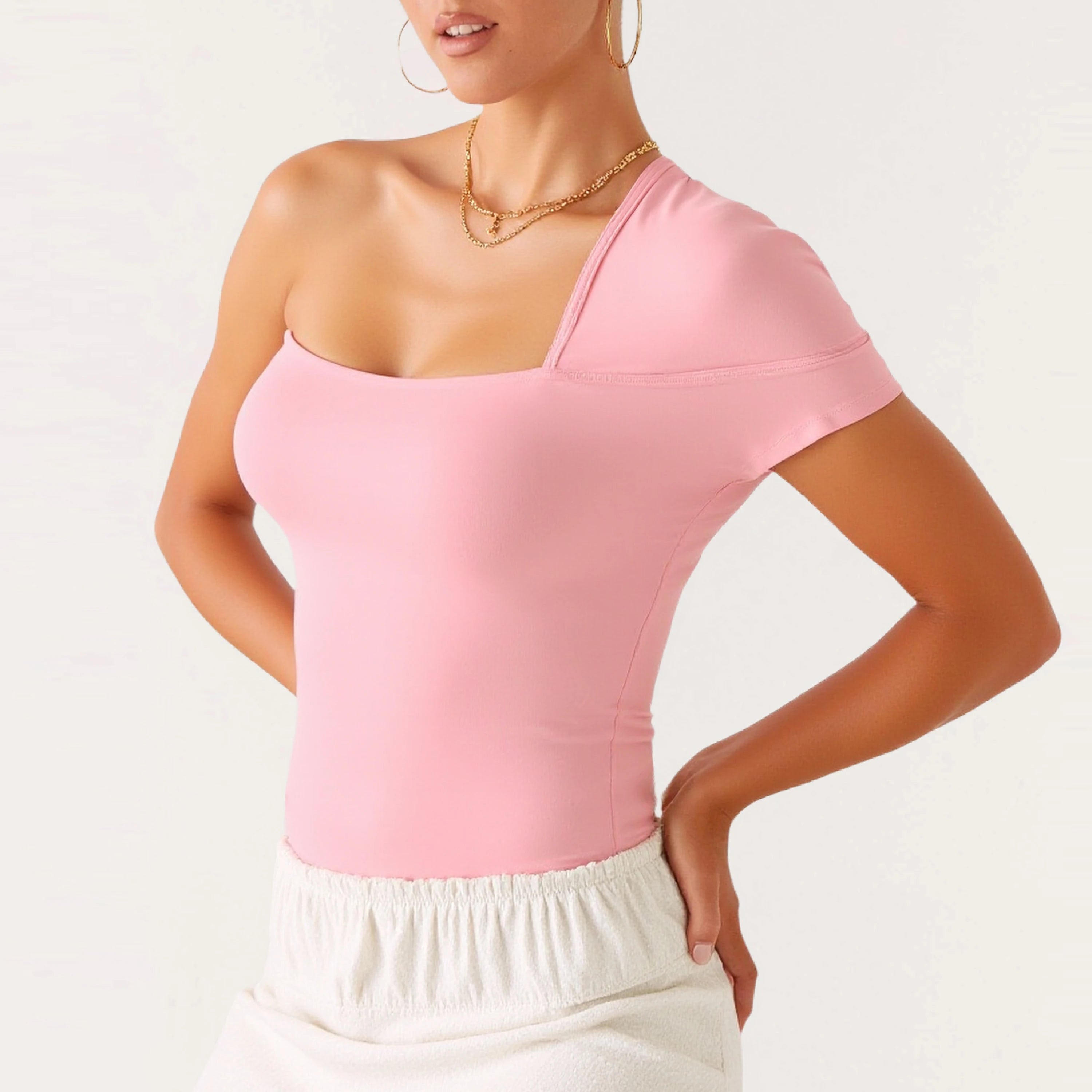Asymmetric One-Shoulder Fitted Top – Pink, Short Sleeve Chic Blouse