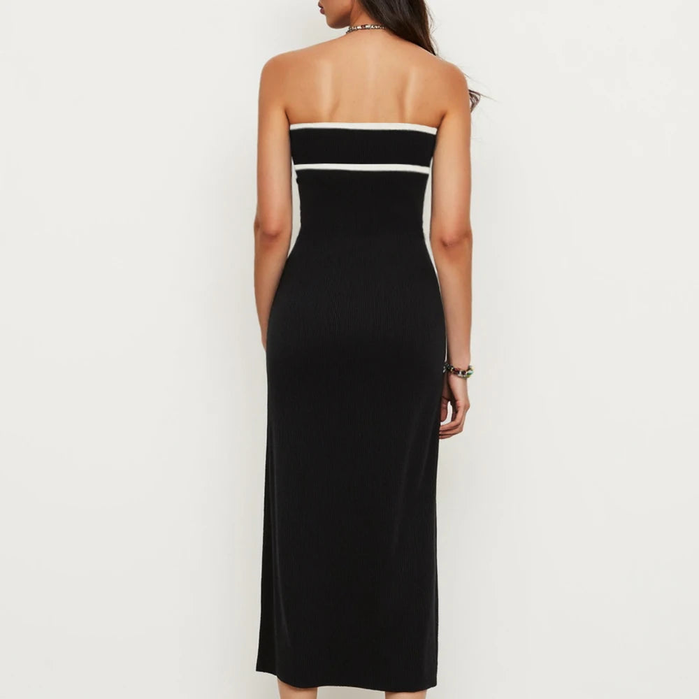 Strapless Black Midi Dress – White Trim, Bodycon Fit, Side Slit