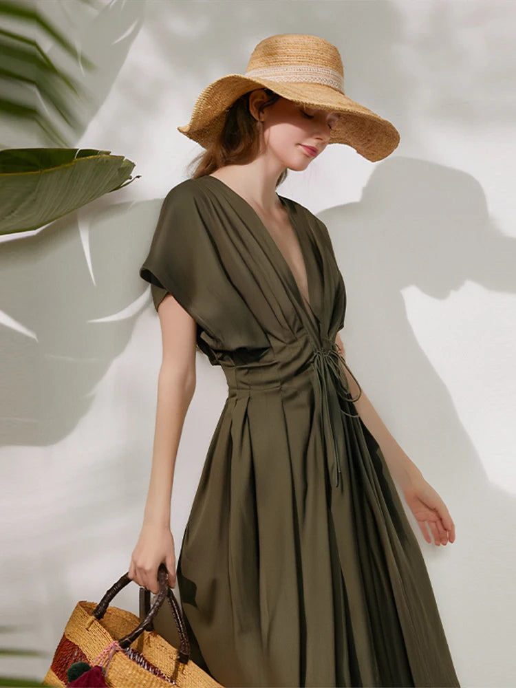 Deep V-Neck Short Sleeve Belted Midi Dress