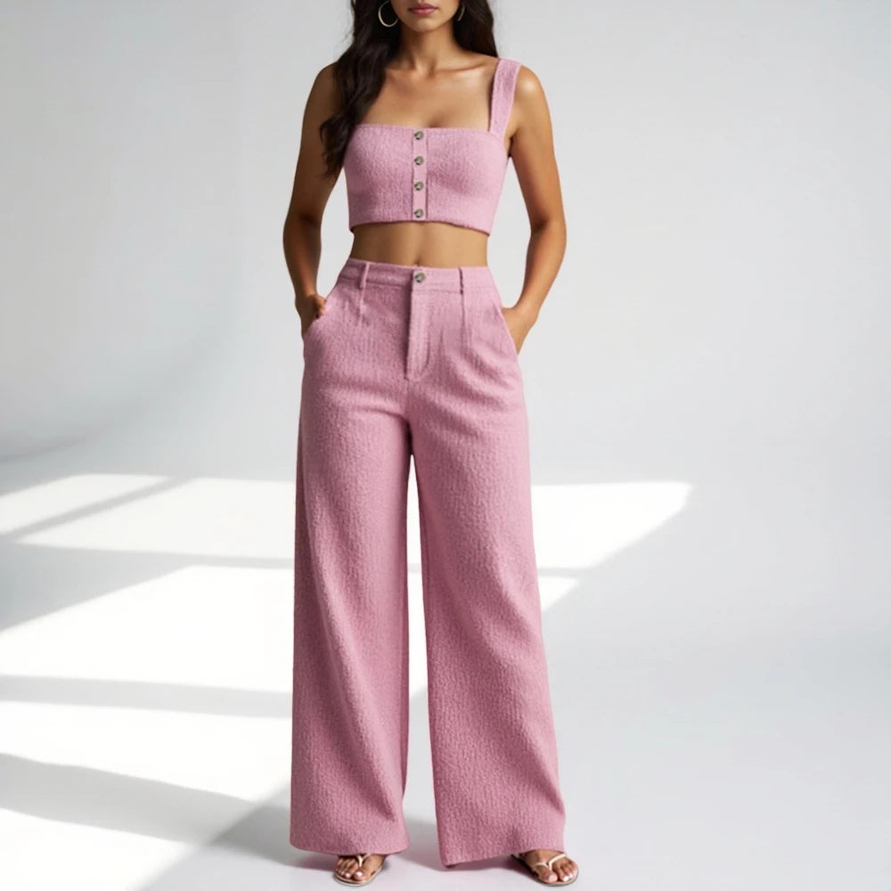 Pink Wide-Leg Pants & Crop Top Two-Piece Set