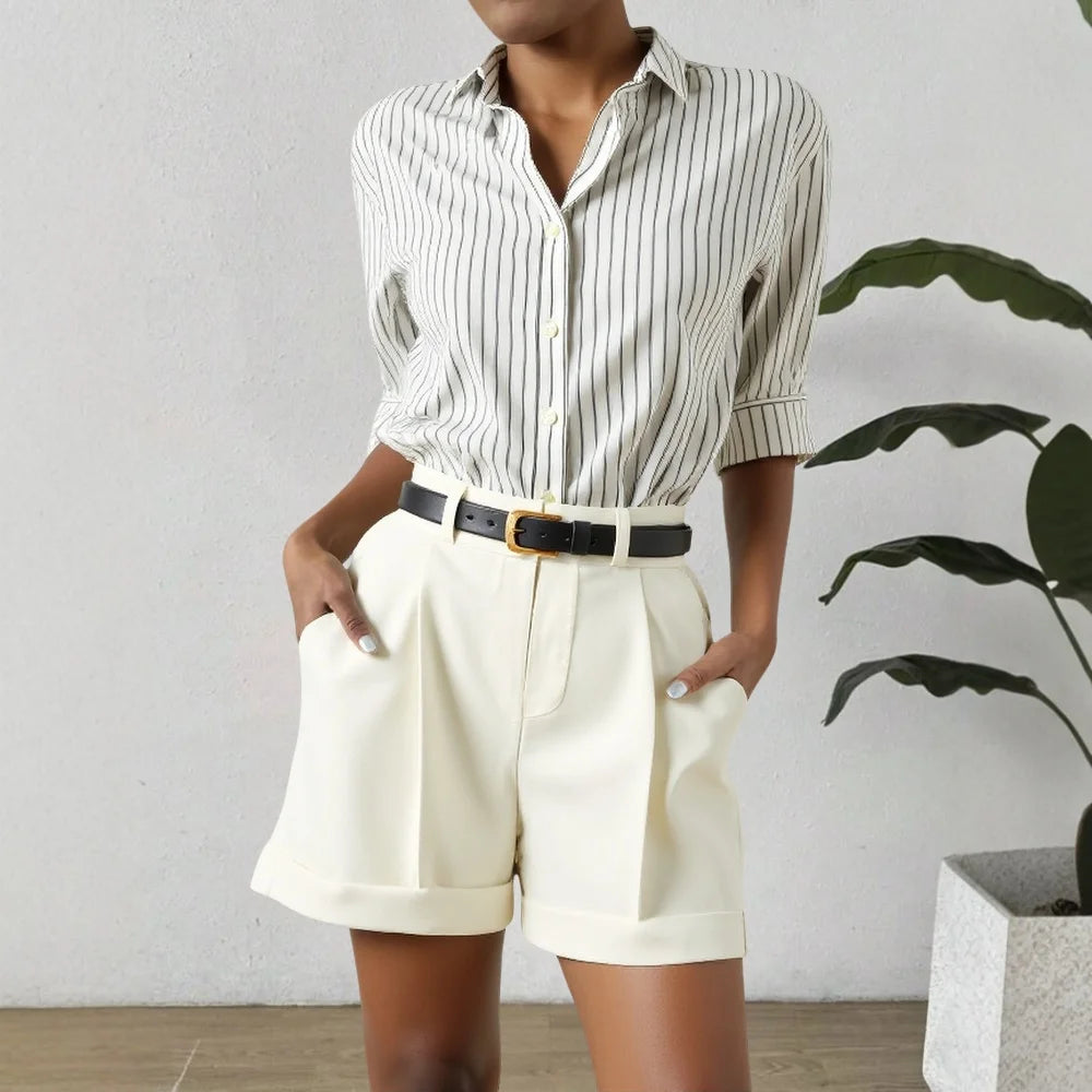 High-Waist Tailored Shorts – Cuffed Hem with Belt Loops