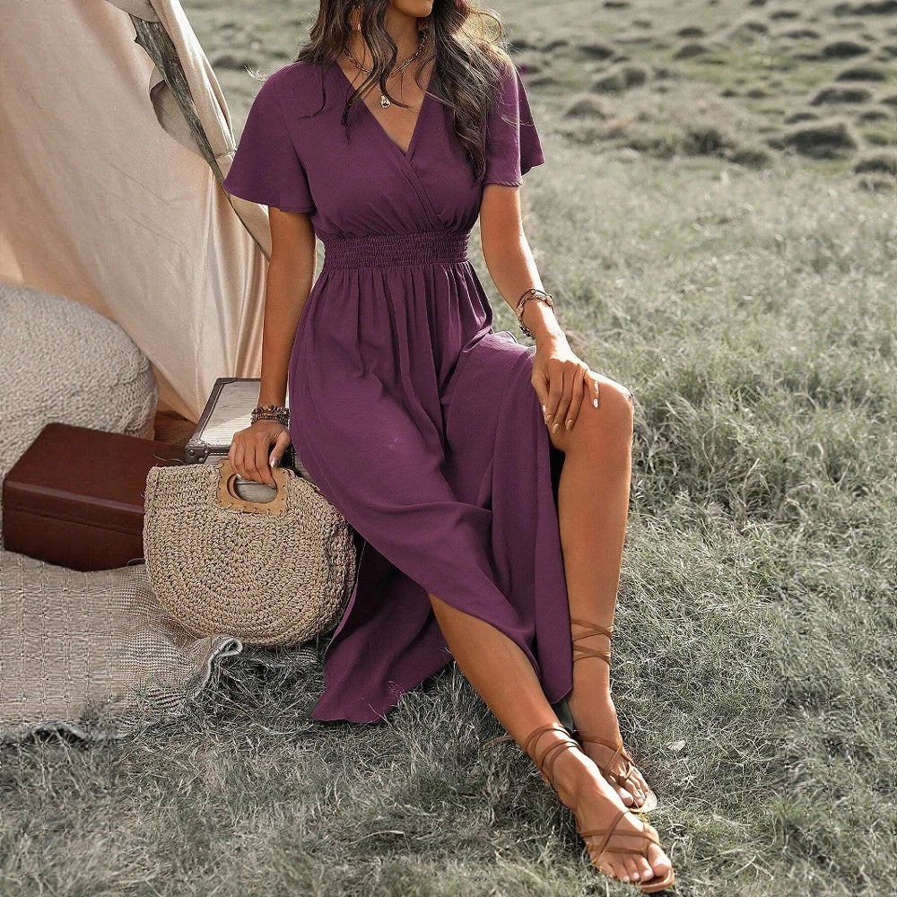 Boho V-Neck Maxi Dress – Short Sleeve, Flowy Fit, Casual Summer Style
