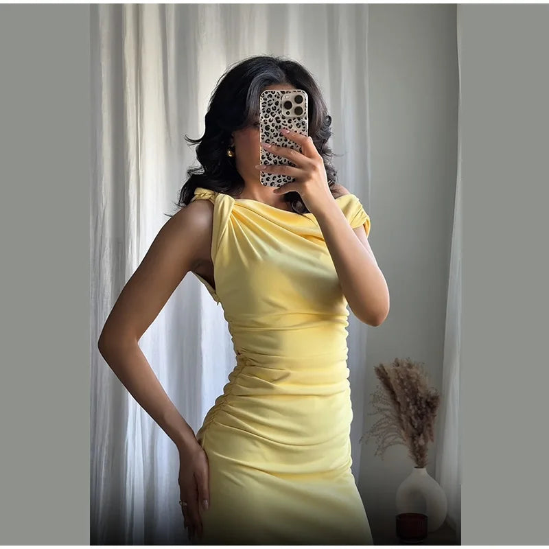 Yellow One-Shoulder Bodycon Midi Dress – Ruched Waist, Elegant Evening Look