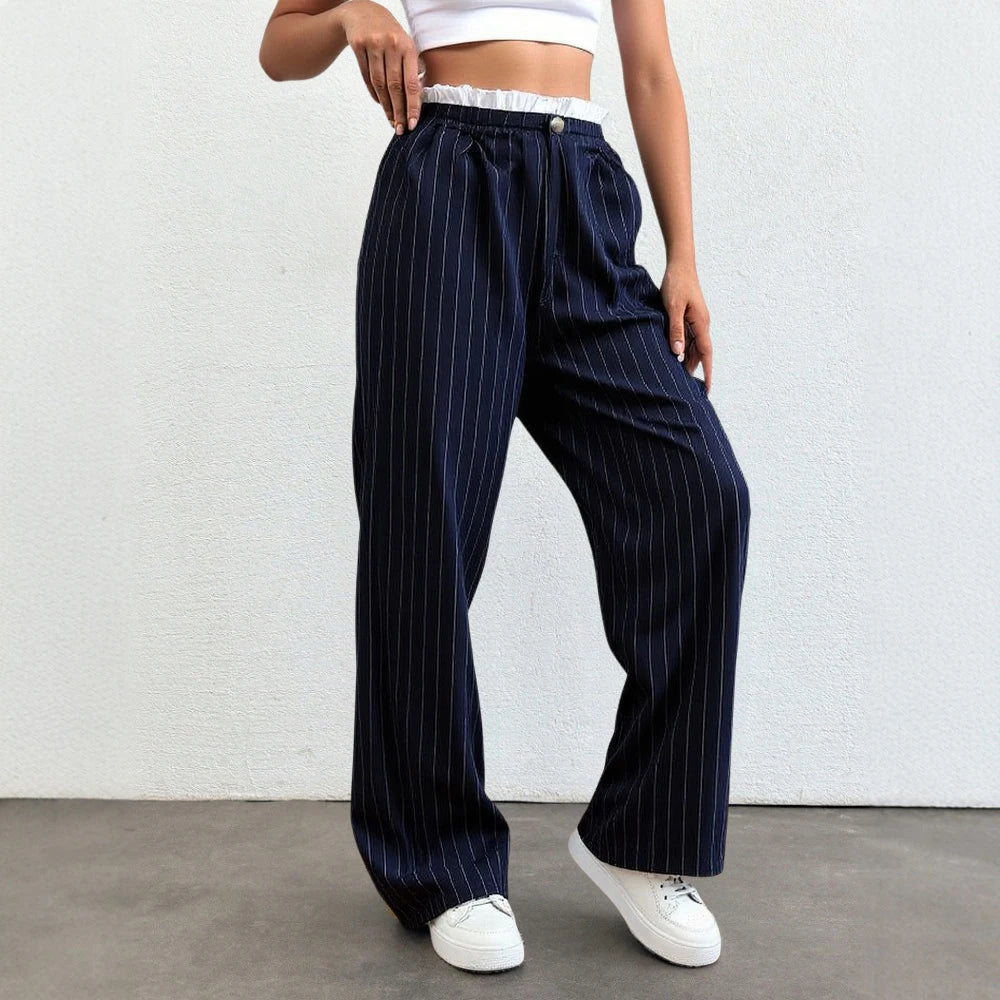 Pinstripe Wide-Leg Pants – Navy, Elastic Waist Drawstring Trousers