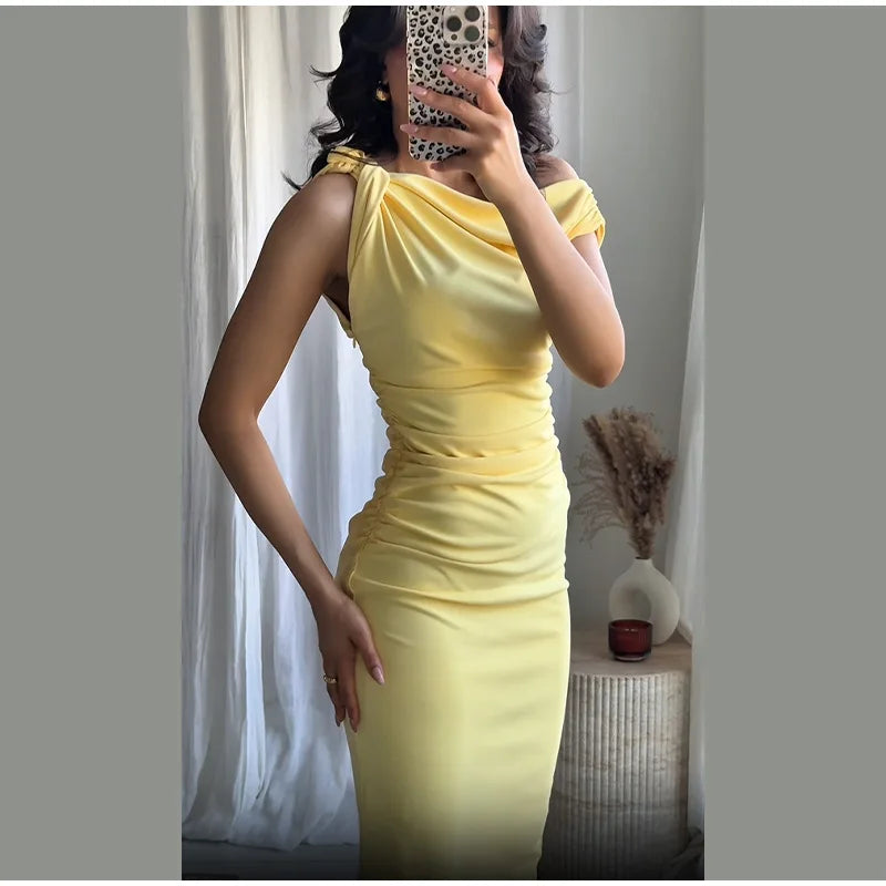 Yellow One-Shoulder Bodycon Midi Dress – Ruched Waist, Elegant Evening Look