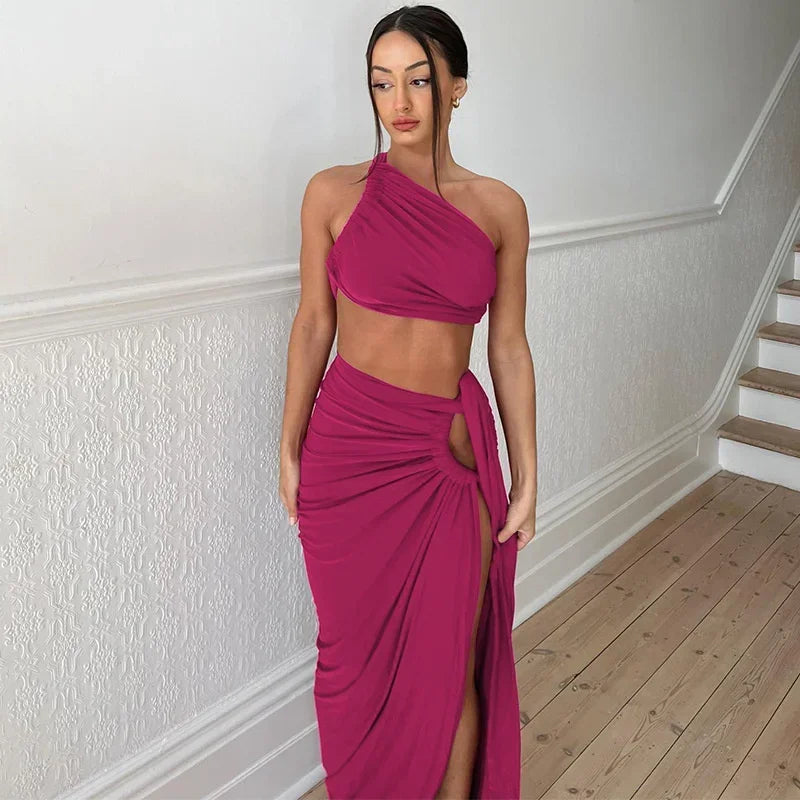 2-Piece Asymmetric Crop Top & Ruched Slit Skirt Set