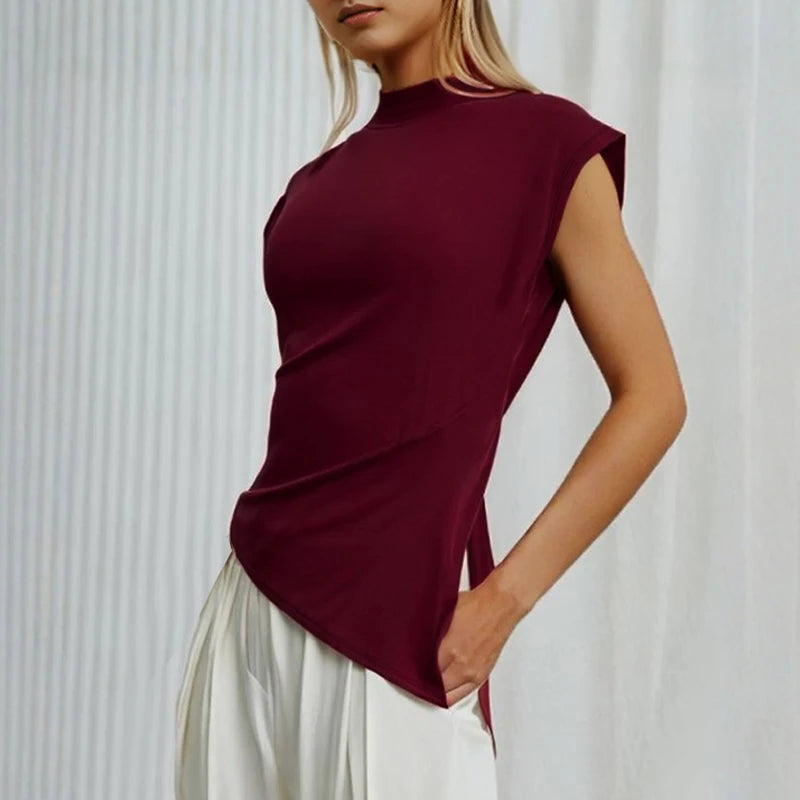 Asymmetric Hem Sleeveless Knit Top – Burgundy Mock Neck Chic