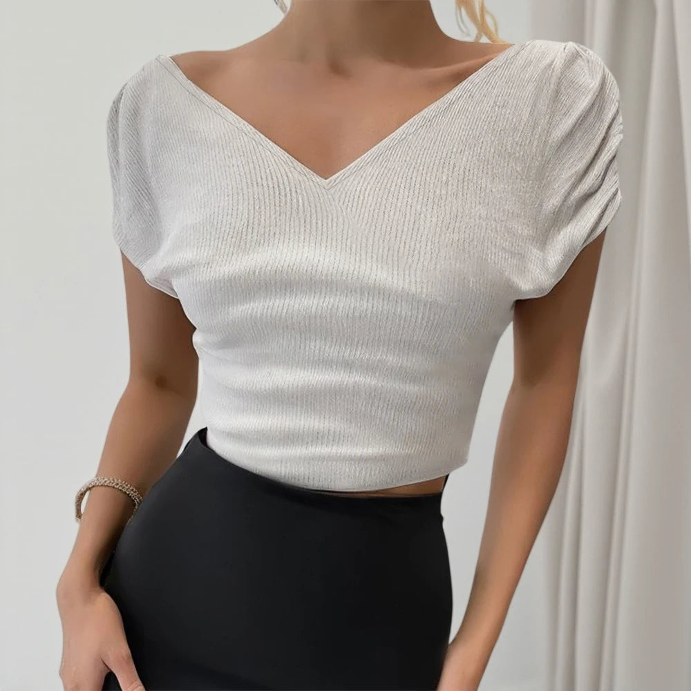 Ribbed V-Neck Fitted Crop Top – White, Ruched Short Sleeve Knit