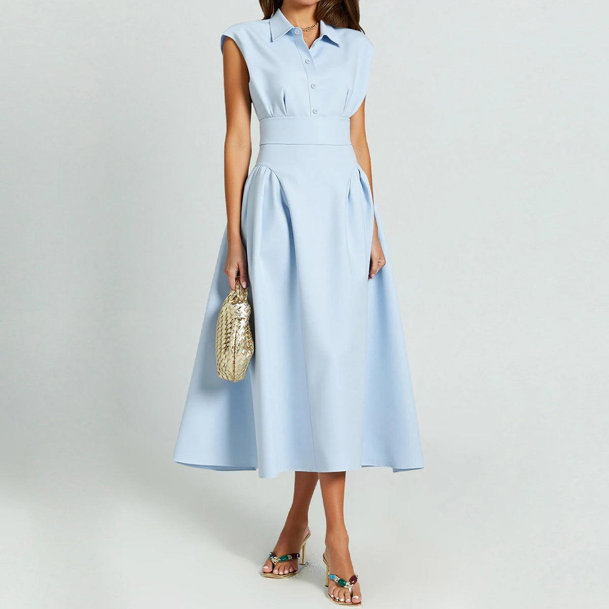 Sleeveless Collared Midi Dress – Light Blue A-Line Button Front