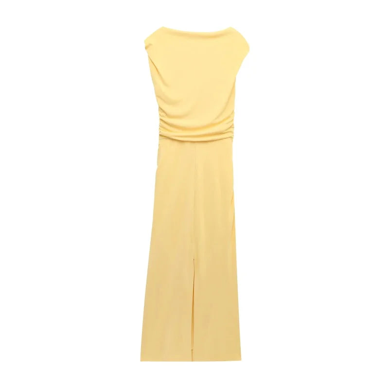 Yellow One-Shoulder Bodycon Midi Dress – Ruched Waist, Elegant Evening Look