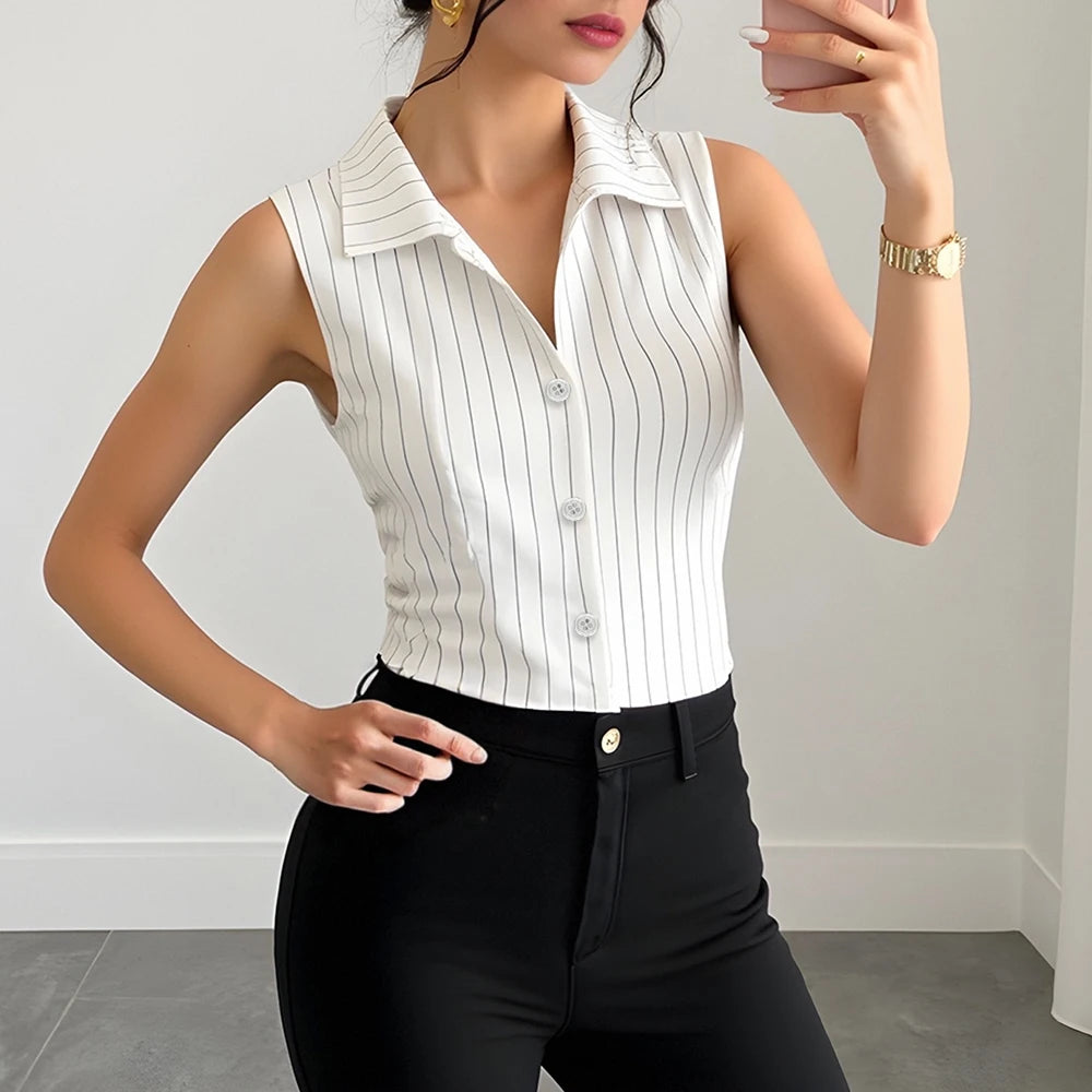 Sleeveless Pinstripe Tailored Vest – White Button Front Waistcoat