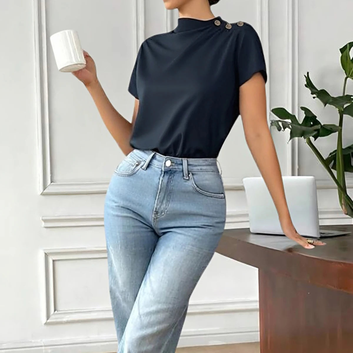 Mock Neck Button Shoulder Top – Navy Blue, Short Sleeve Casual Blouse