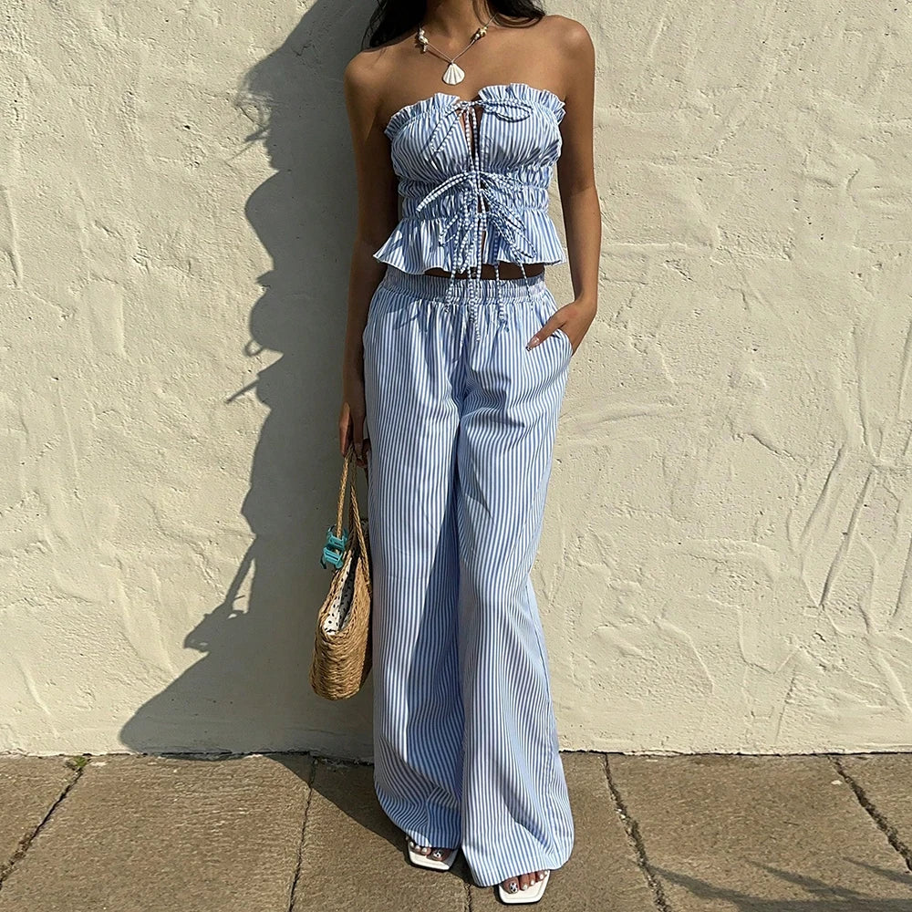 Striped Strapless Top & Wide-Leg Pant Set – Two-Piece Summer Outfit