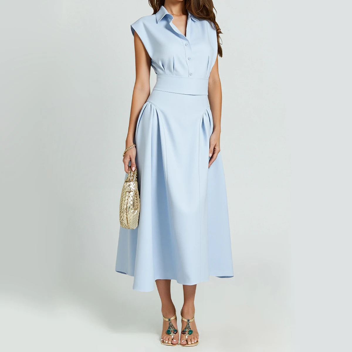 Sleeveless Collared Midi Dress – Light Blue A-Line Button Front